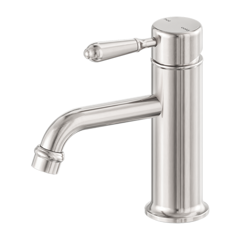 Nero York Straight Basin Mixer With Metal Lever Brushed Nickel