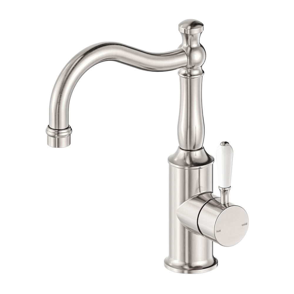 Nero York Basin Mixer Hook Spout With White Porcelain Lever Brushed Nickel