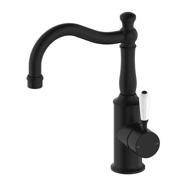 York Basin Mixer Hook Spout With White Porcelain Lever Matte Black