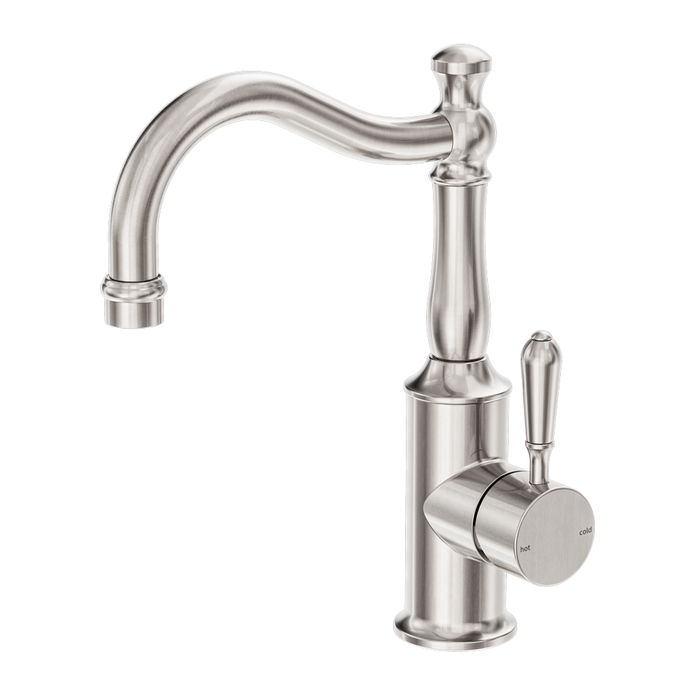 Nero York Basin Mixer Hook Spout With Metal Lever Brushed Nickel