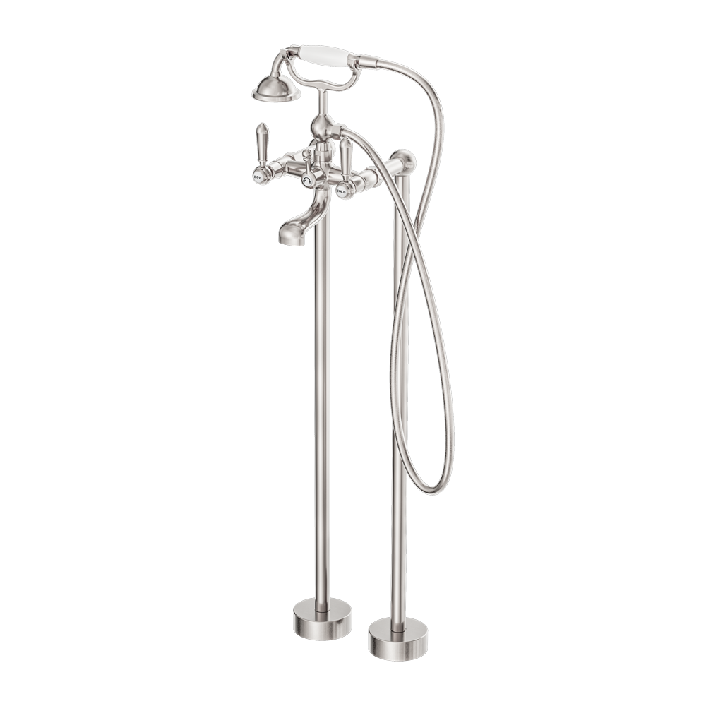 Nero York Freestanding Bath Set With White Porcelain Hand Shower Brushed Nickel