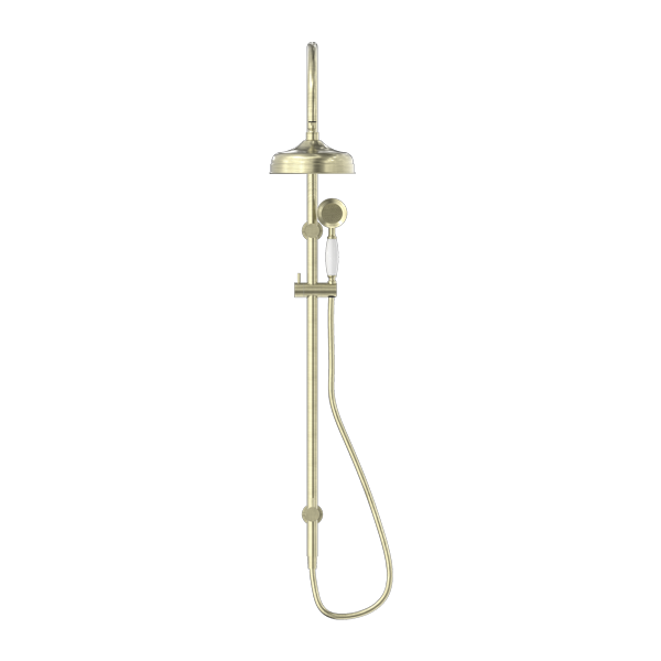 York Federation Twin Shower With White Porcelain Hand Shower Aged Brass