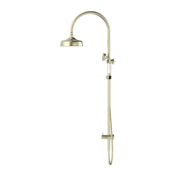 York Federation Twin Shower With White Porcelain Hand Shower Aged Brass