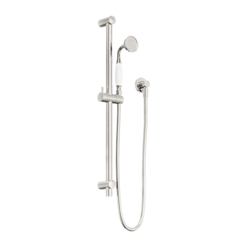 Nero York Shower Rail With White Porcelain Hand Shower Brushed Nickel