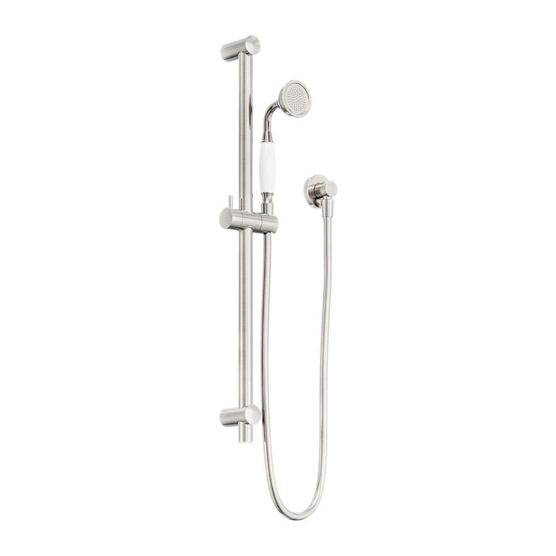 Nero York Shower Rail With White Porcelain Hand Shower Brushed Nickel