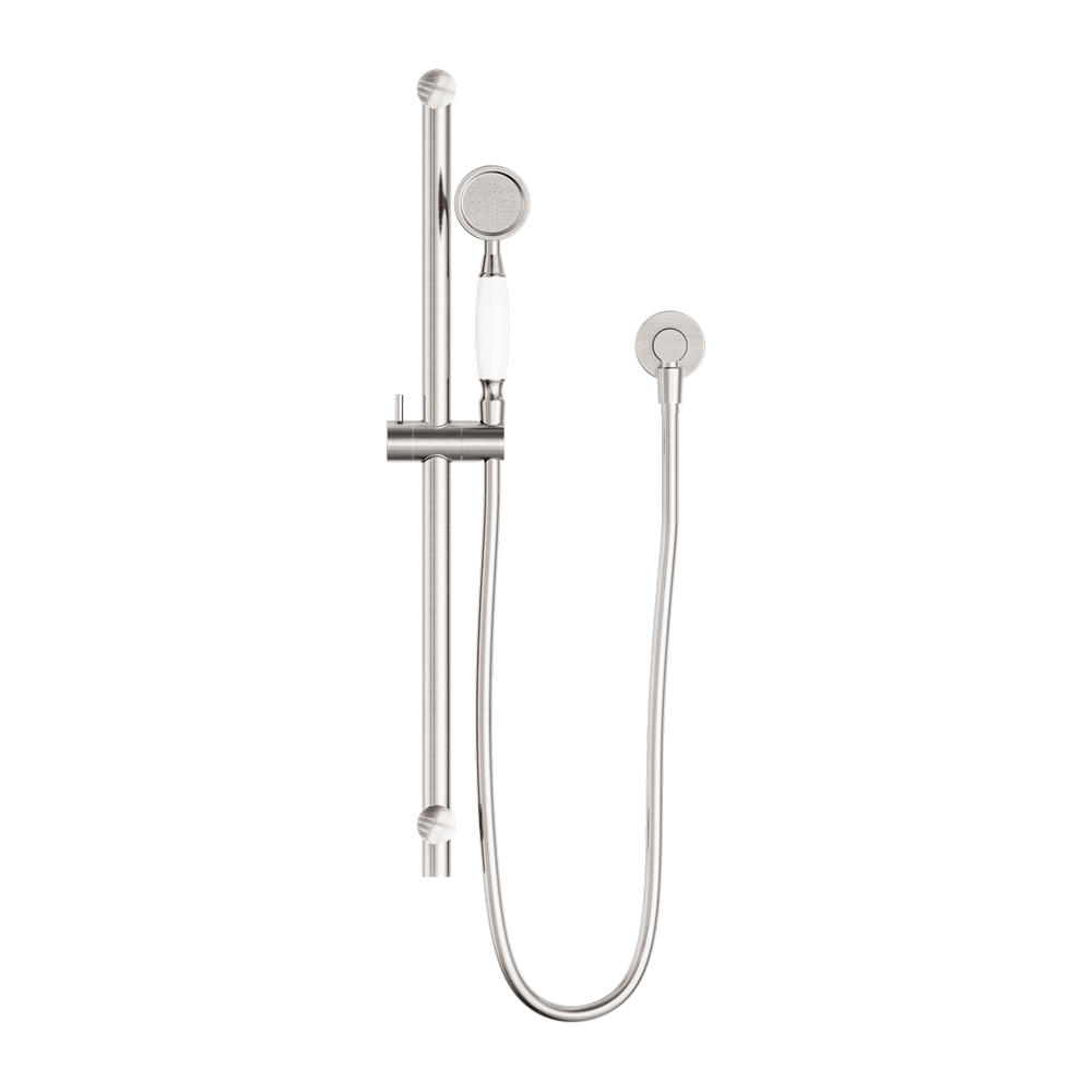 Nero York Shower Rail With White Porcelain Hand Shower Brushed Nickel