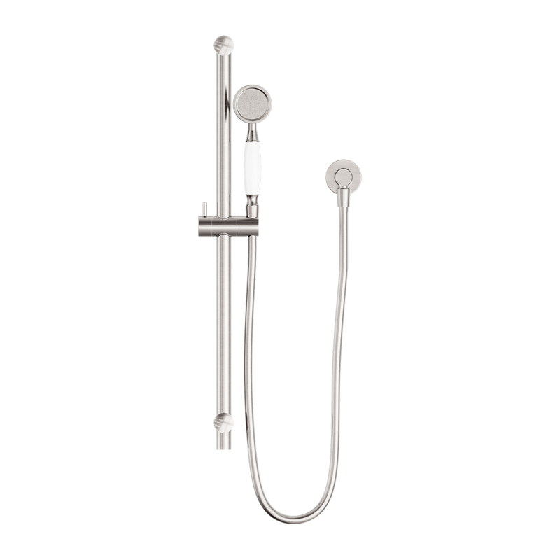 Nero York Shower Rail With White Porcelain Hand Shower Brushed Nickel