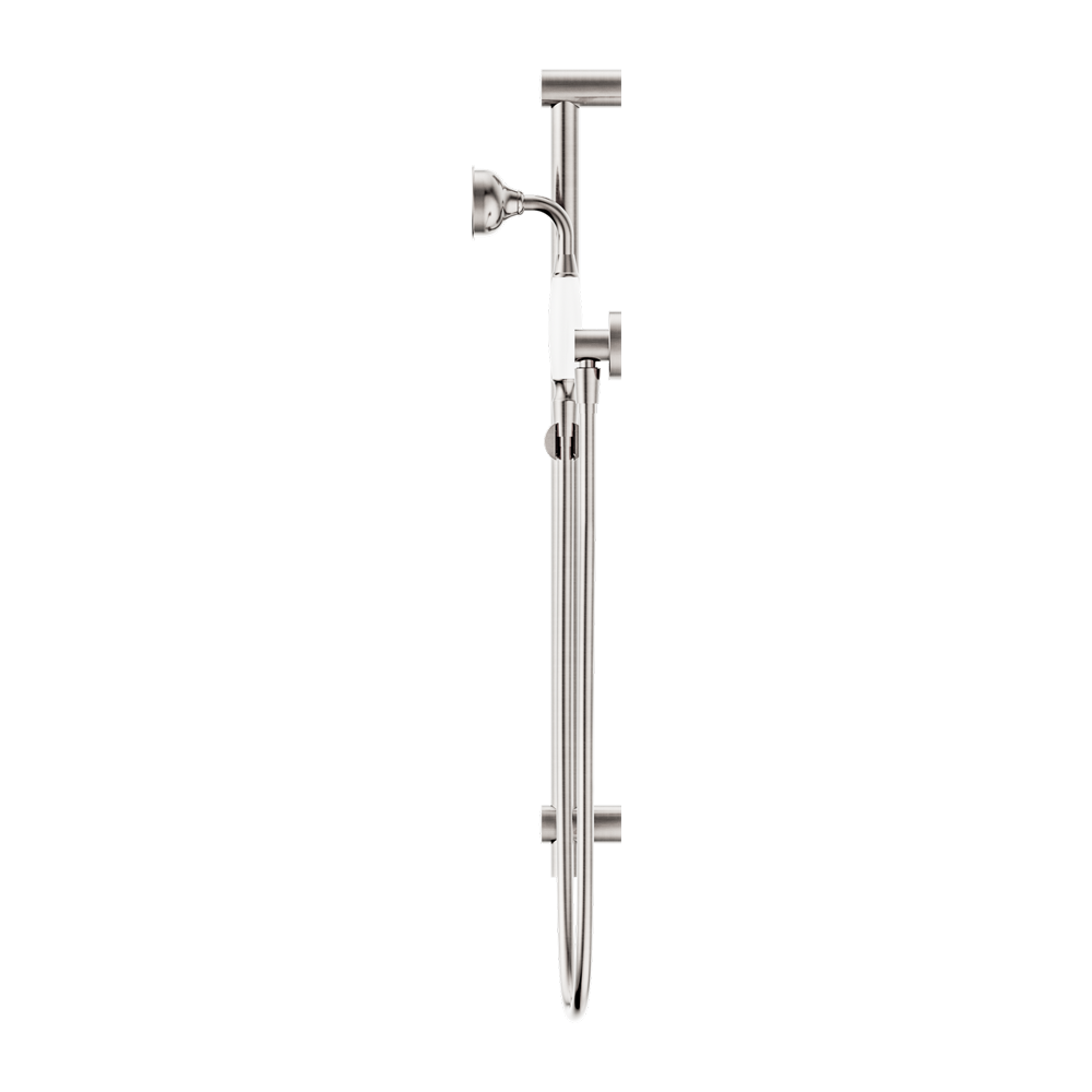 Nero York Shower Rail With White Porcelain Hand Shower Brushed Nickel