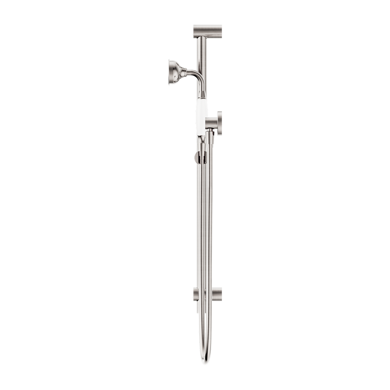 Nero York Shower Rail With White Porcelain Hand Shower Brushed Nickel