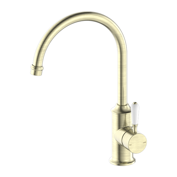 Nero York Kitchen Mixer Goosneck Spout With White Porcelain Lever Aged Brass