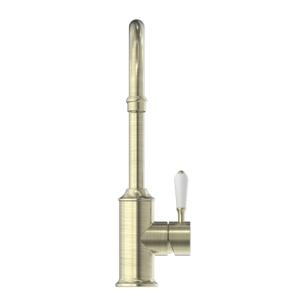 Nero York Kitchen Mixer Goosneck Spout With White Porcelain Lever Aged Brass