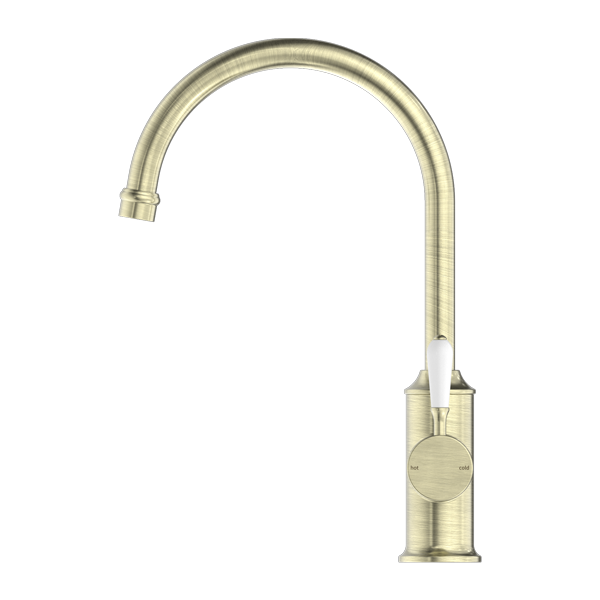 Nero York Kitchen Mixer Goosneck Spout With White Porcelain Lever Aged Brass