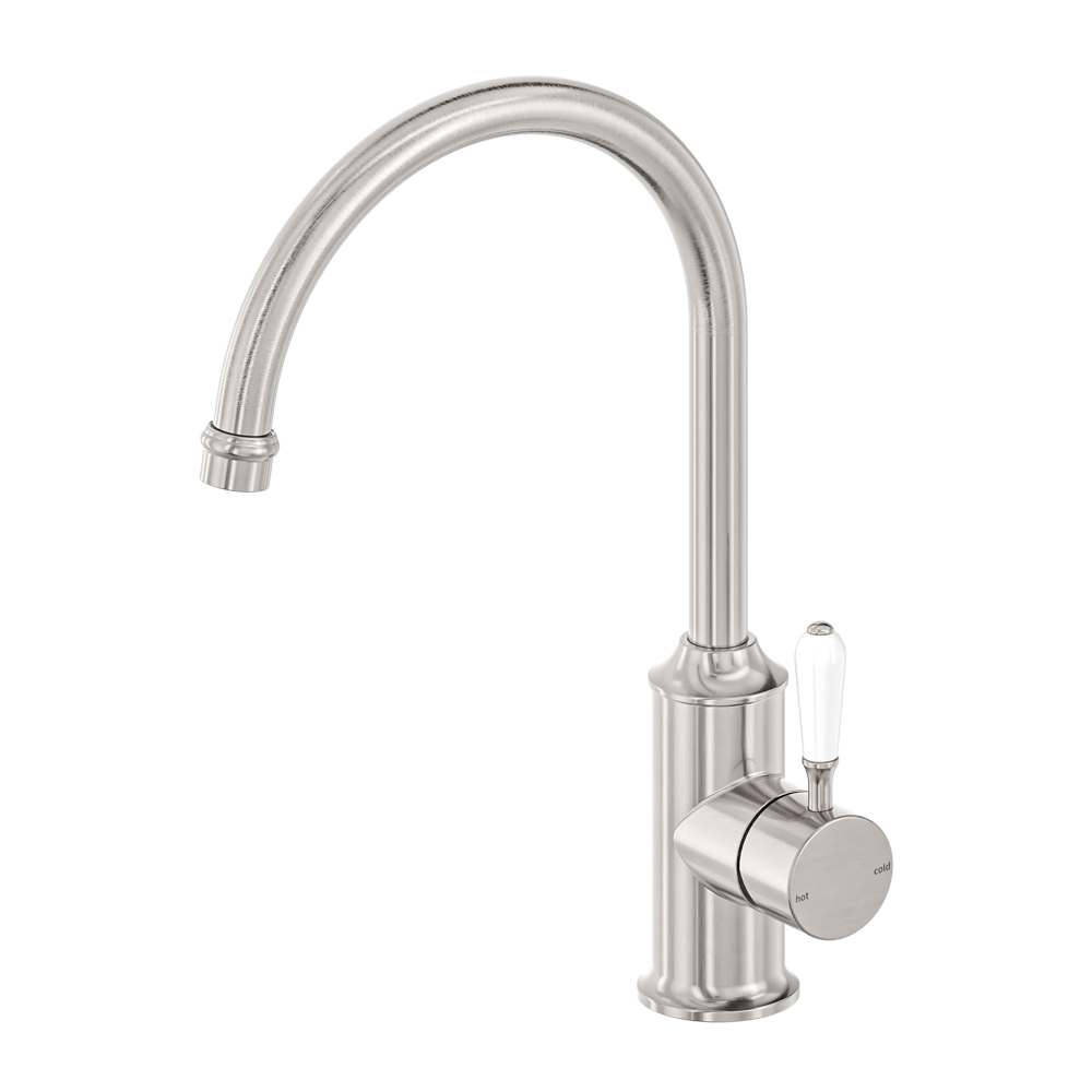 Nero York Kitchen Mixer Gooseneck Spout With White Porcelain Lever Brushed Nickel