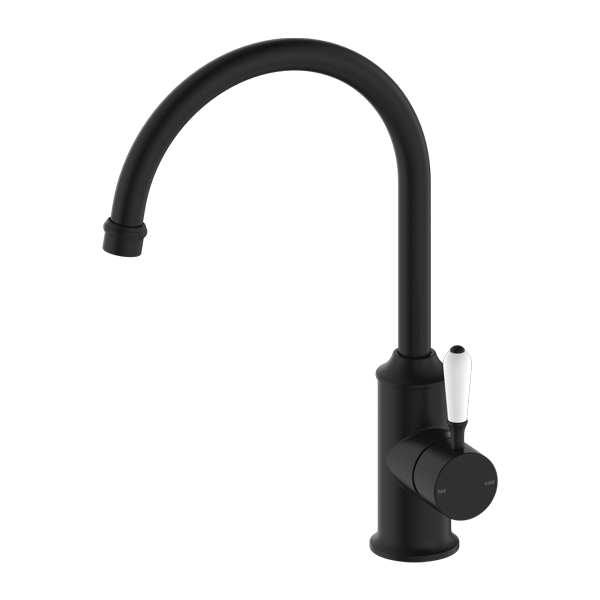 Nero York Kitchen Mixer Goosneck Spout With White Porcelain Lever Matte Black