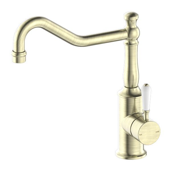 Nero York Kitchen Mixer Hook Spout With White Porcelain Lever Aged Brass