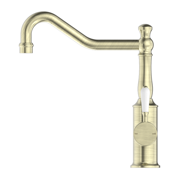 Nero York Kitchen Mixer Hook Spout With White Porcelain Lever Aged Brass
