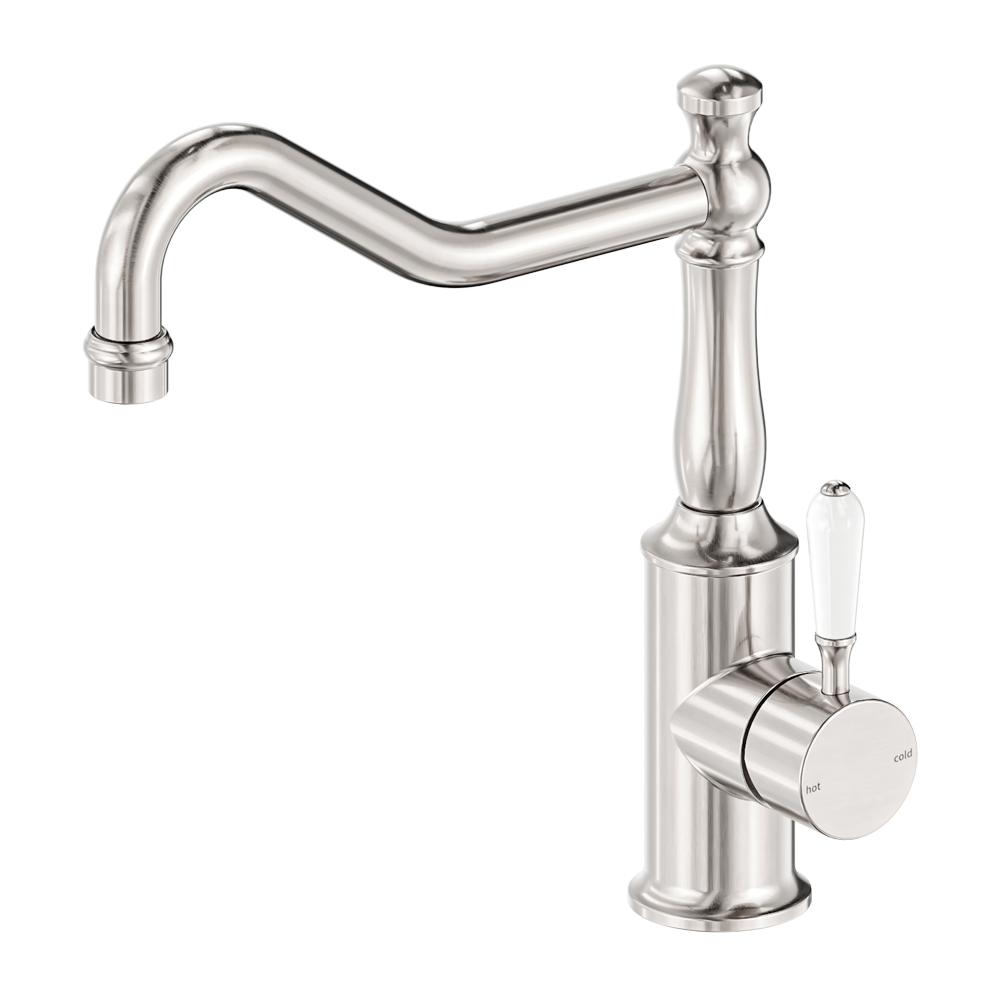 Nero York Kitchen Mixer Hook Spout With White Porcelain Lever Brushed Nickel
