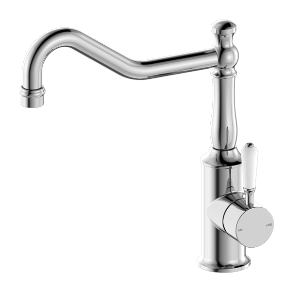 Nero York Kitchen Mixer Hook Spout With White Porcelain Lever Chrome