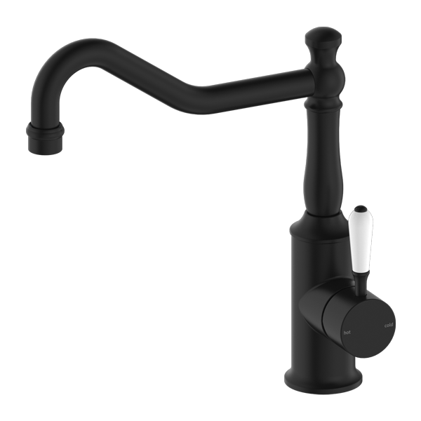 Nero York Kitchen Mixer Hook Spout With White Porcelain Lever Matte Black