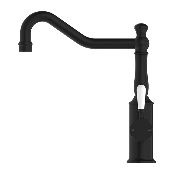 Nero York Kitchen Mixer Hook Spout With White Porcelain Lever Matte Black