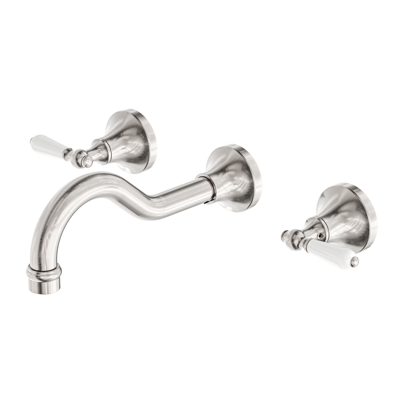 Nero York Wall Basin Set With White Porcelain Lever Brushed Nickel