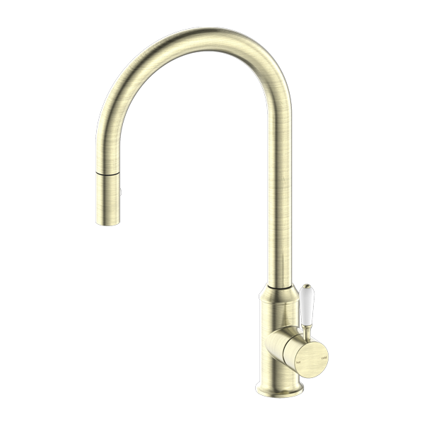 Nero York Federation Pull Out Sink Mixer With Vegie Spray Function With White Porcelain Lever Aged Brass
