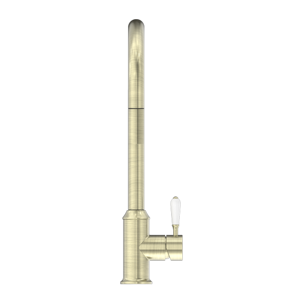 Nero York Federation Pull Out Sink Mixer With Vegie Spray Function With White Porcelain Lever Aged Brass