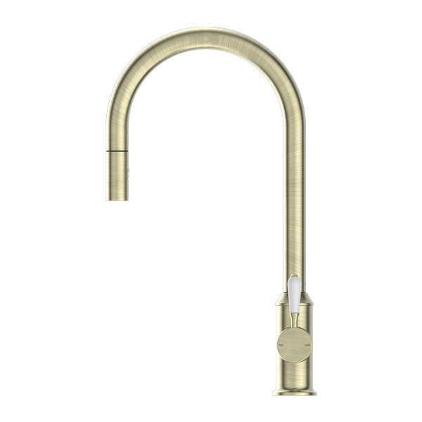 Nero York Federation Pull Out Sink Mixer With Vegie Spray Function With White Porcelain Lever Aged Brass
