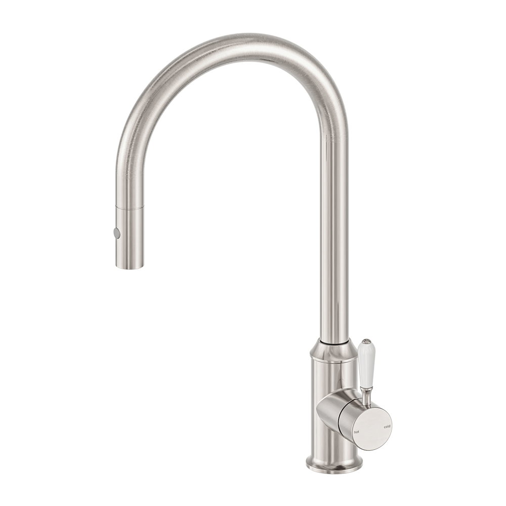 Nero York Pull Out Sink Mixer With Vegie Spray Function With White Porcelain Lever Brushed Nickel