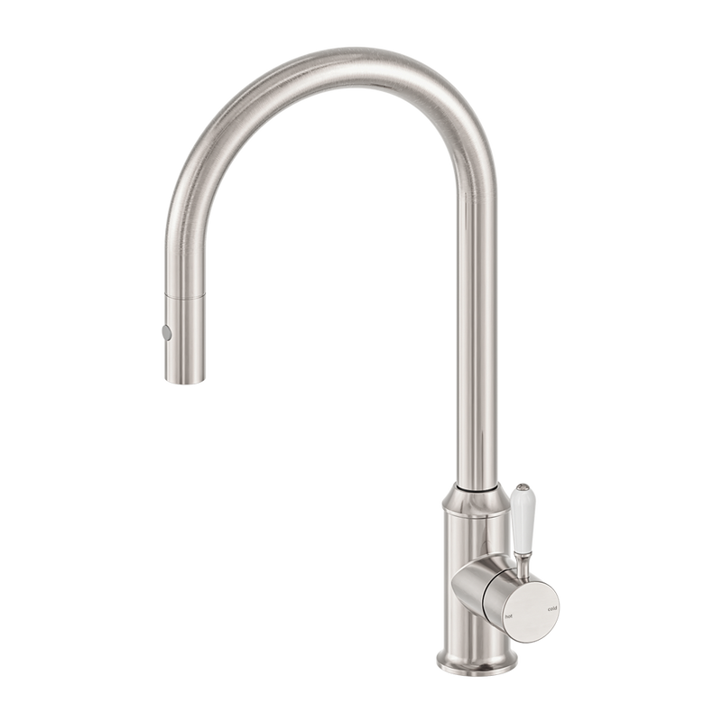 Nero York Pull Out Sink Mixer With Vegie Spray Function With White Porcelain Lever Brushed Nickel