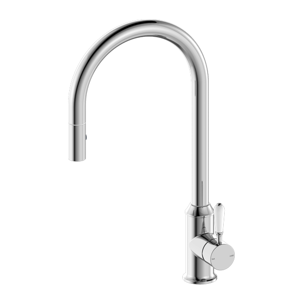 Nero York Federation Pull Out Sink Mixer With Vegie Spray Function With White Porcelain Lever Chrome