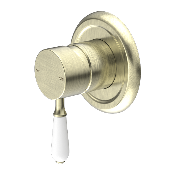 York Federation Shower Mixer With White Porcelain Lever Aged Brass