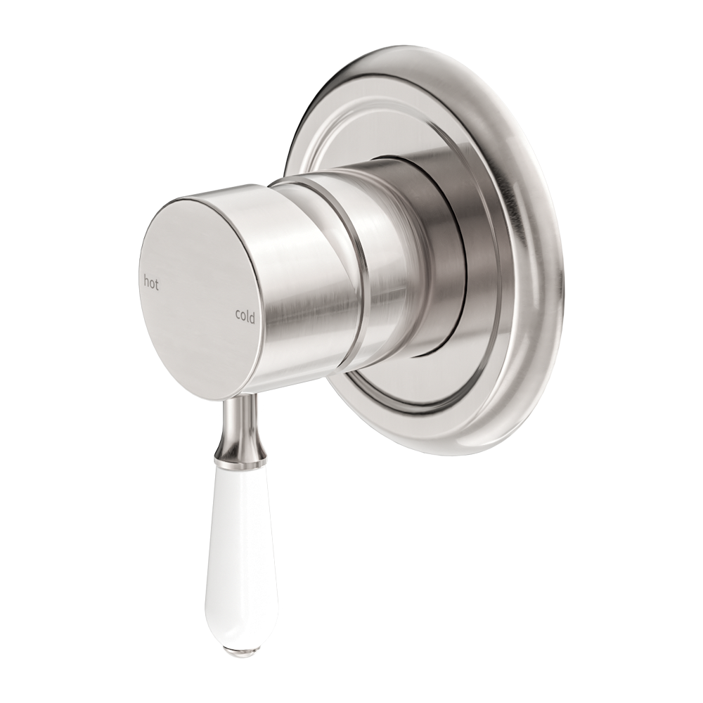 Nero York Shower Mixer With White Porcelain Lever Brushed Nickel