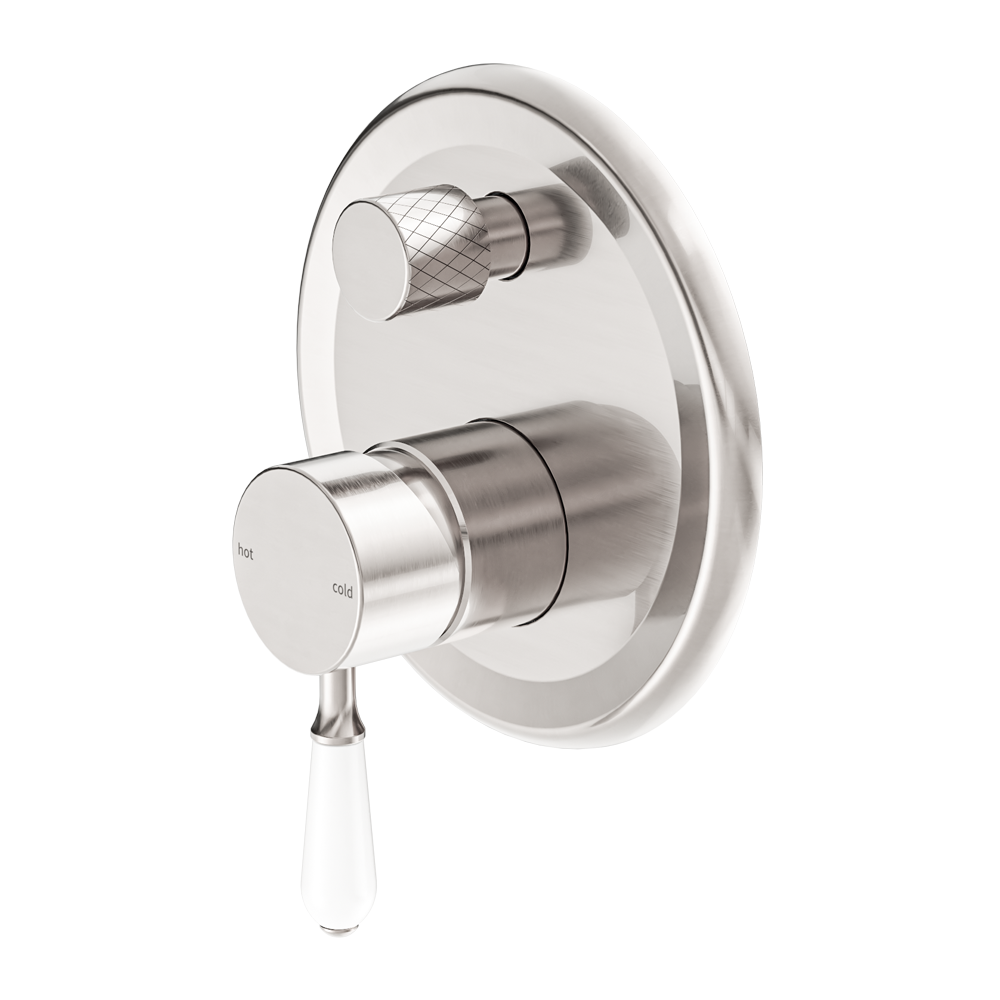 Nero York Shower Mixer With Divertor With White Porcelain Lever Brushed Nickel