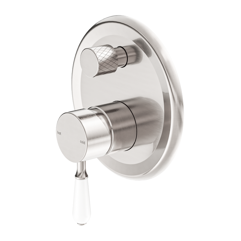Nero York Shower Mixer With Divertor With White Porcelain Lever Brushed Nickel