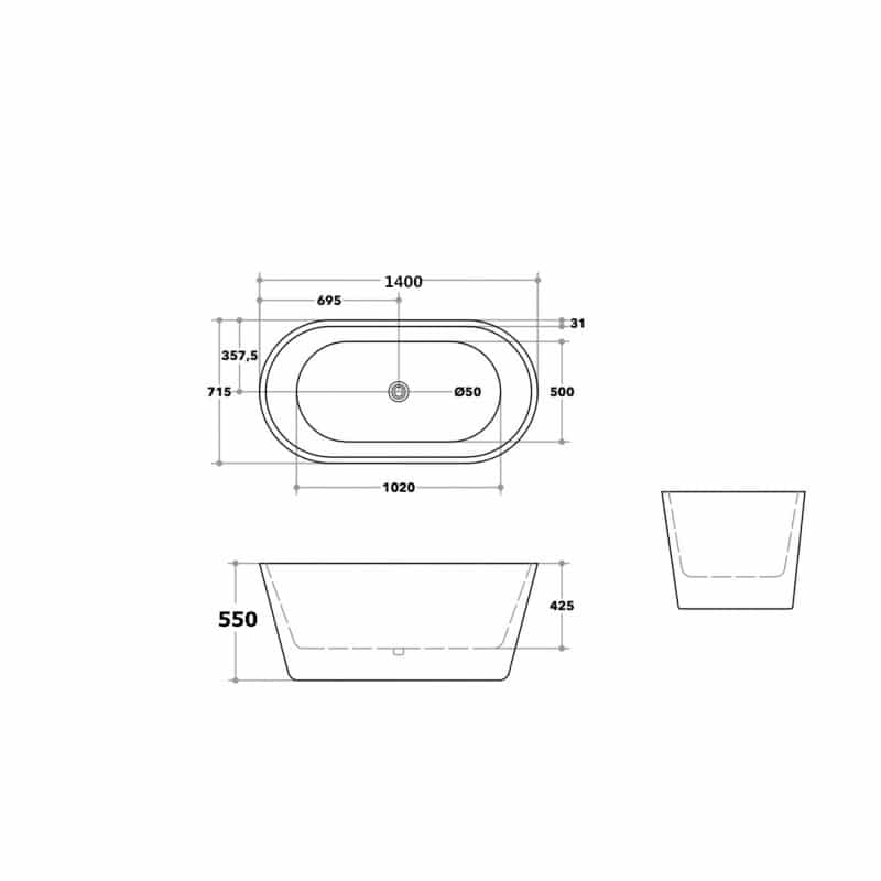 1390x715x585mm Ovia Oval Bathtub Freestanding Acrylic GLOSSY White Bath tub NO Overflow