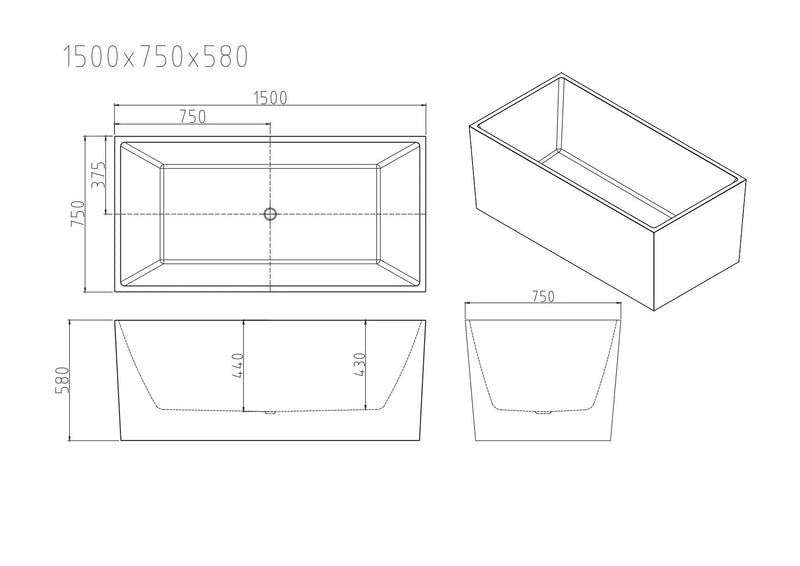 1500mm Orta Free Standing Bath Tub Multi Fit White No Overflow