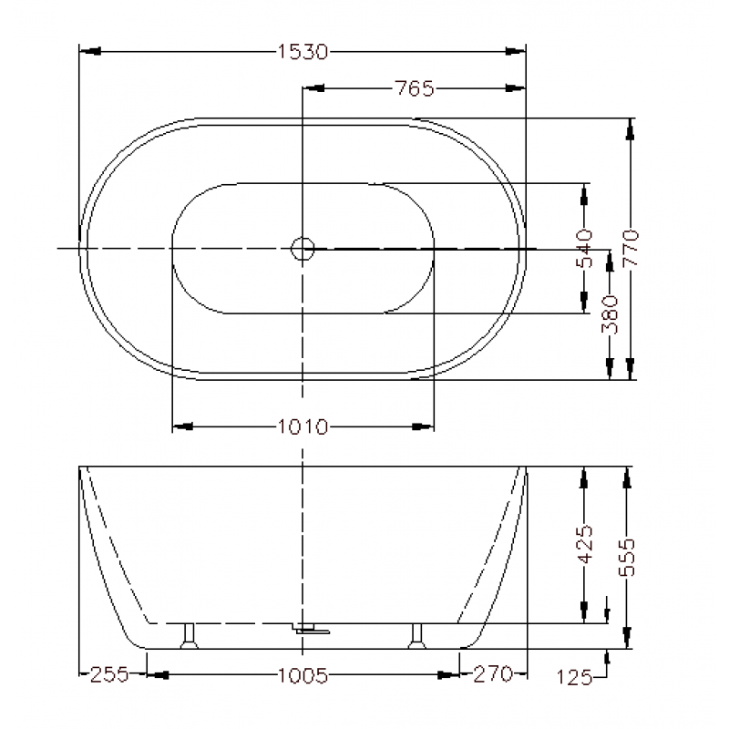 1530x770x555mm Olivia Oval Bathtub Freestanding Acrylic Matte White Bath tub NO Overflow