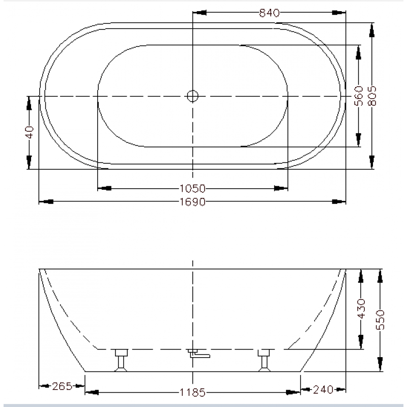 1690x805x550mm Olivia Oval Bathtub Freestanding Acrylic Matte White Bath tub Non-Overflow