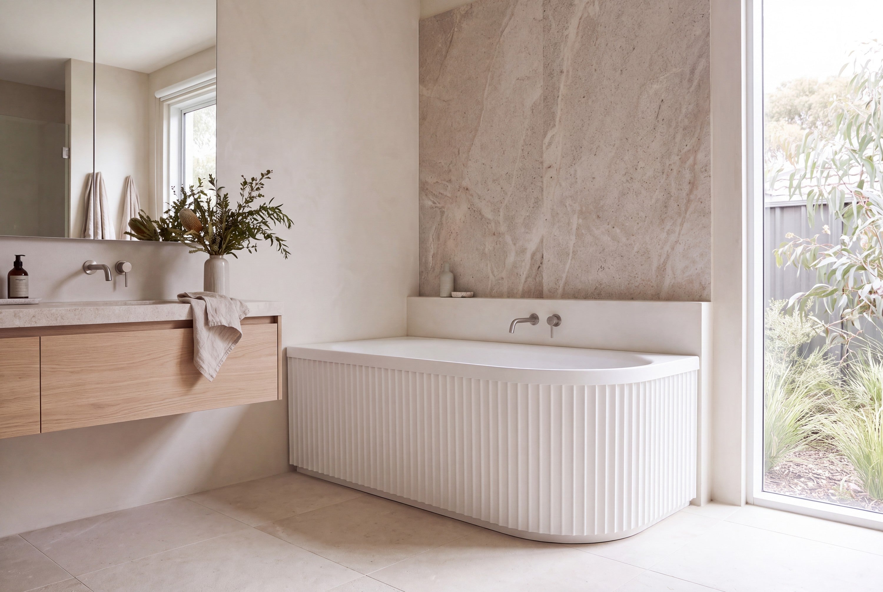 Ovia Kiama V Groove Fluted Left Hand Corner Bath 1500mm Gloss White [OVKIA15VLH-ovia-kiama-v-groove-fluted-left-hand-corner-bath-1500mm-scene-1]