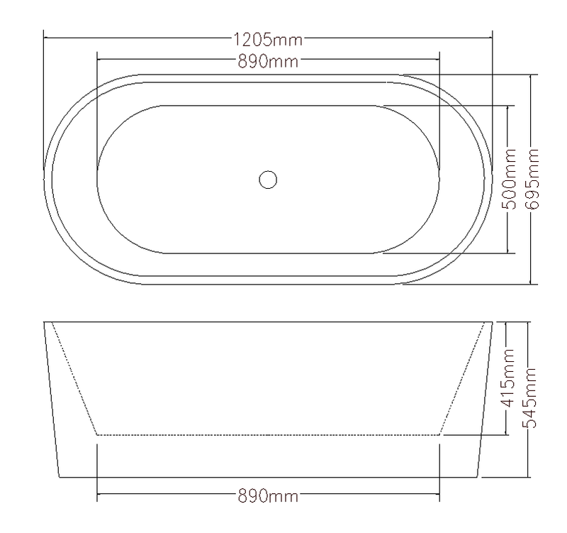 1205x695x545mm Orian Oval Bathtub Freestanding Acrylic GLOSSY White Bath tub NO Overflow