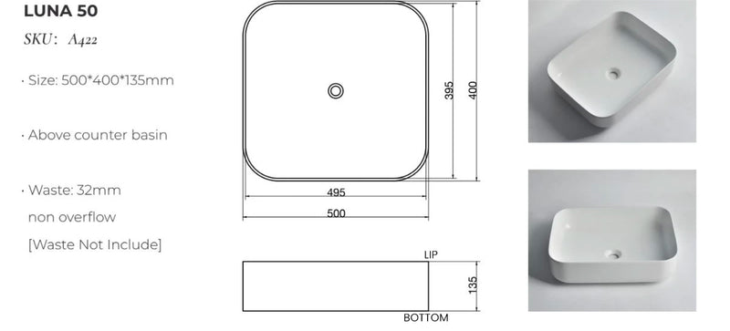 Ovia 500x400x135mm Rectangle Counter Top Basin Gloss White