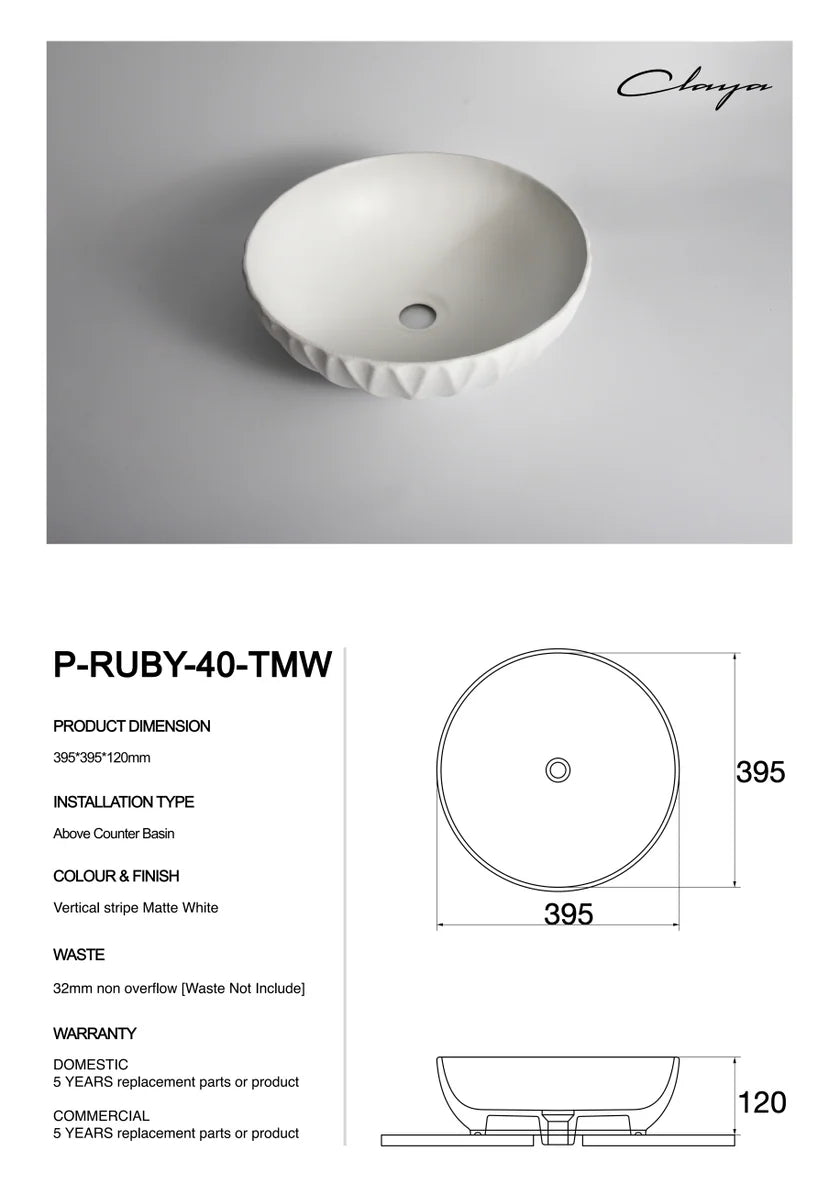 Ovia Claya Art Ruby Matt White Textured Above Counter Basin 400mm x 135mm