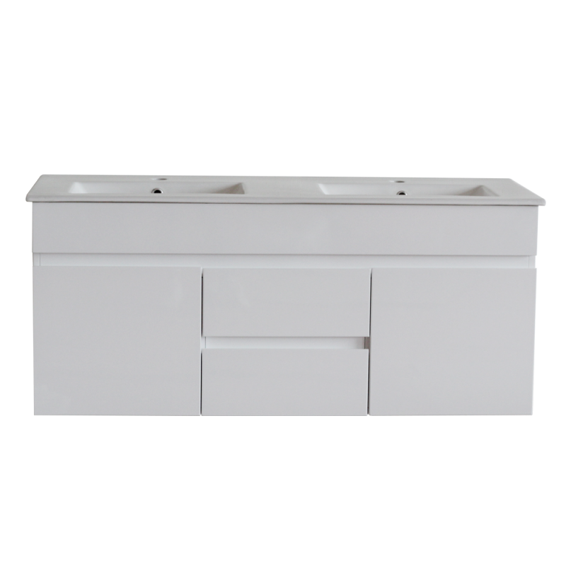 1200x460x550mm Bathroom Vanity Wall Hung Thin Ceramic Top White PVC Polyurethane Double Bowls
