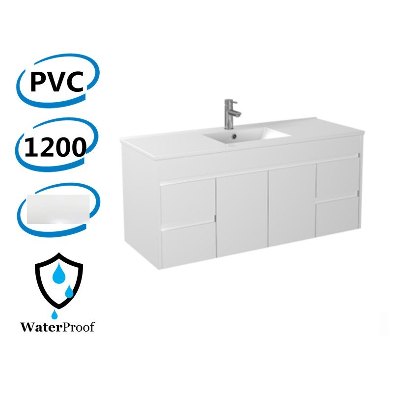 1200x460x550mm Bathroom Vanity Wall Hung Thin Ceramic Top / Poly Top White PVC Polyurethane Single Bowl