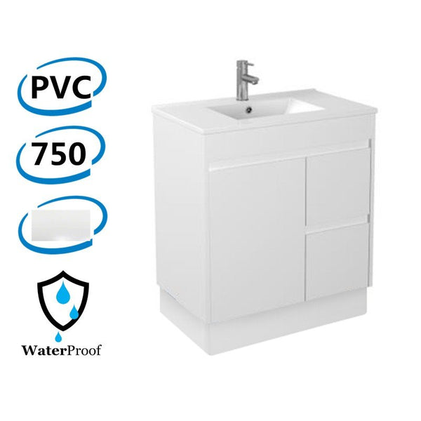 750x460x880mm Bathroom Vanity Ceramic Top / Poly Top Freestanding Kick-board White PVC Right Hand Side Drawers Polyurethane Cabinet
