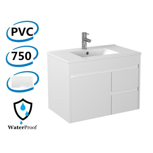 750x460x550mm Bathroom Vanity Wall Hung Cabinet Thin Ceramic Top/Poly Top with Right Side Drawers PVC White