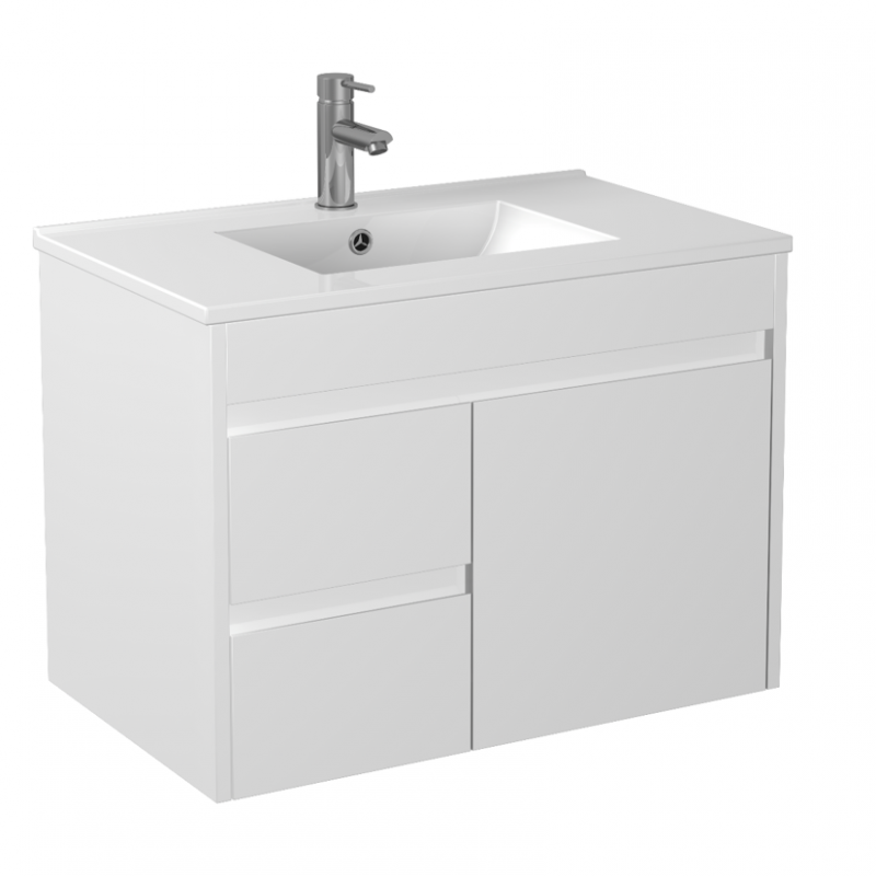 750x460x550mm Bathroom Vanity Wall Hung Cabinet Thin Ceramic Top/Poly Top with Left Side Drawers PVC White