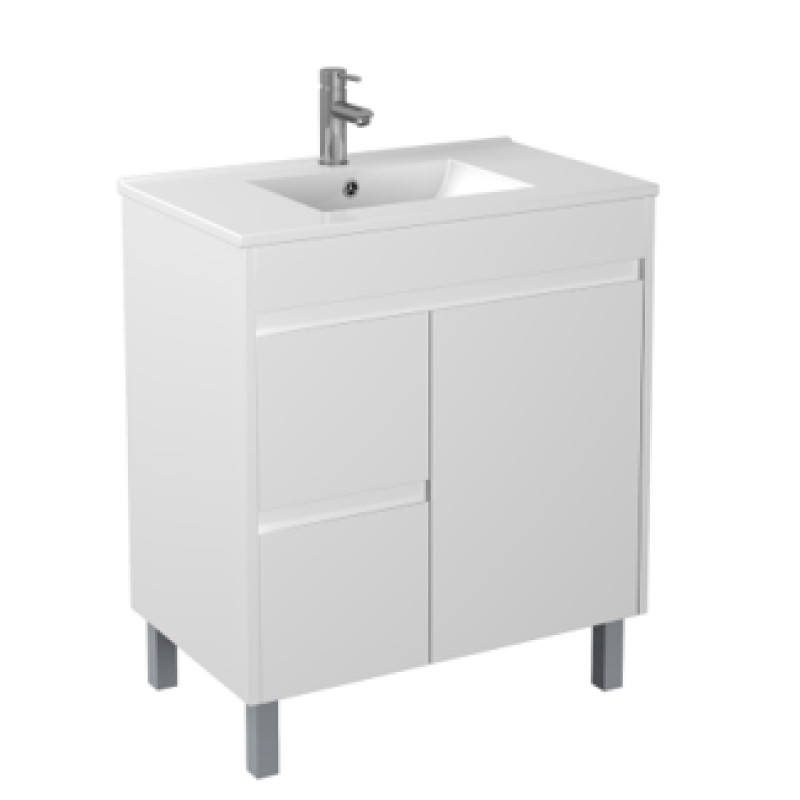 750x460x880mm Bathroom PVC Vanity Thin Ceramic Top/Poly Top Freestanding White Polyurethane Left Side Drawers