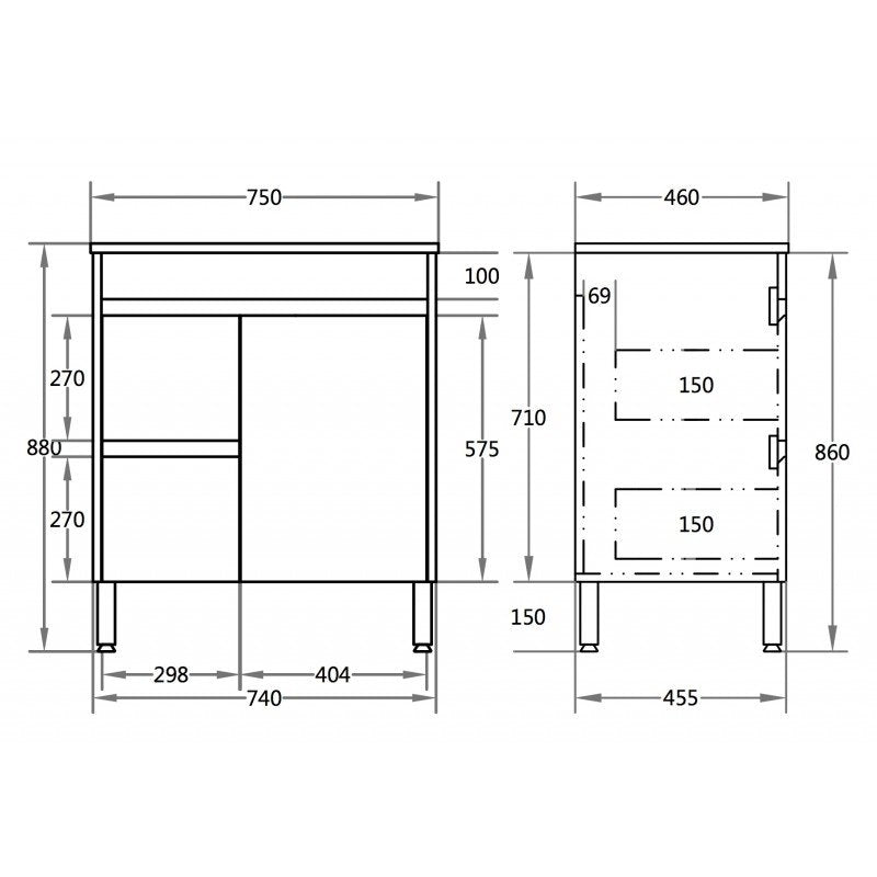 750x460x880mm Bathroom PVC Vanity Thin Ceramic Top/Poly Top Freestanding White Polyurethane Left Side Drawers